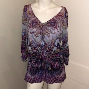 One World V-Neck Ruched Metallic Stripe Tunic 3/4 sleeve top